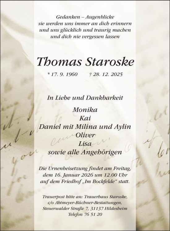 Traueranzeige von Thomas Staroske von Hildesheimer Allgemeine Zeitung