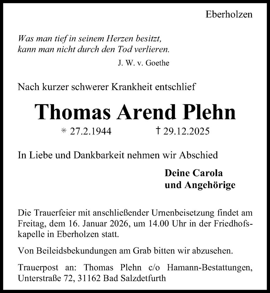  Traueranzeige für Thomas Arend Plehn vom 07.01.2026 aus Hildesheimer Allgemeine Zeitung