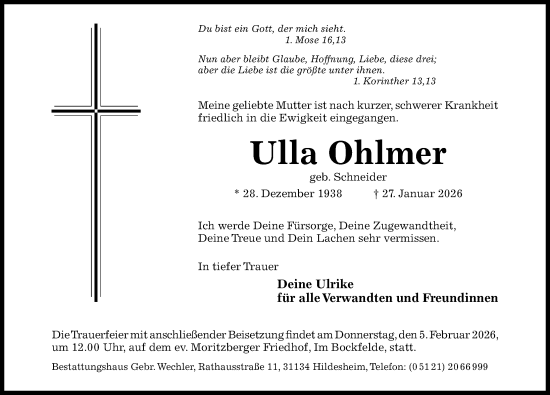 Traueranzeige von Ulla Ohlmer von Hildesheimer Allgemeine Zeitung