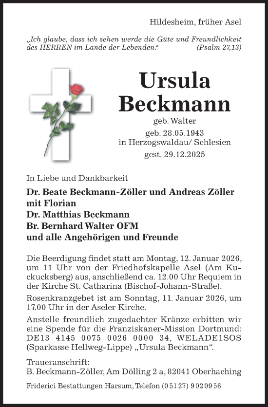 Traueranzeige von Ursula Beckmann von Hildesheimer Allgemeine Zeitung