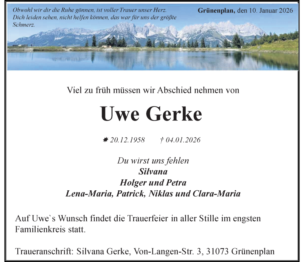  Traueranzeige für Uwe Gerke vom 10.01.2026 aus Hildesheimer Allgemeine Zeitung