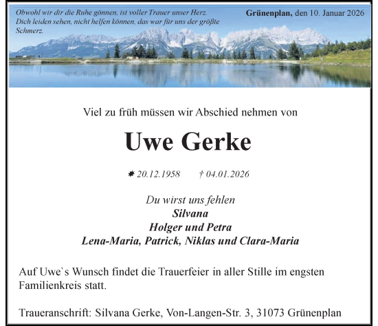 Traueranzeige von Uwe Gerke von Hildesheimer Allgemeine Zeitung