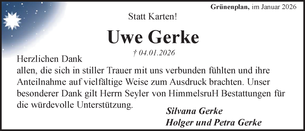  Traueranzeige für Uwe Gerke vom 31.01.2026 aus Hildesheimer Allgemeine Zeitung