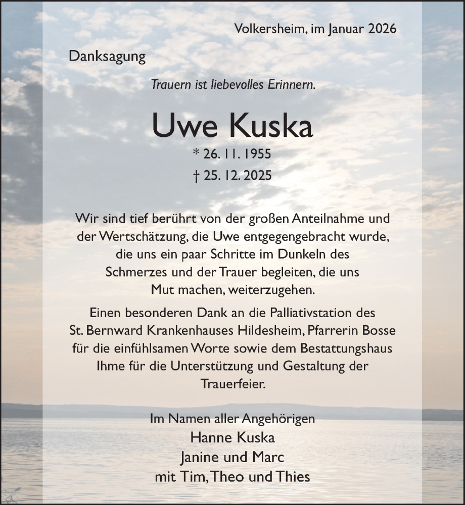  Traueranzeige für Uwe Kuska vom 31.01.2026 aus Hildesheimer Allgemeine Zeitung