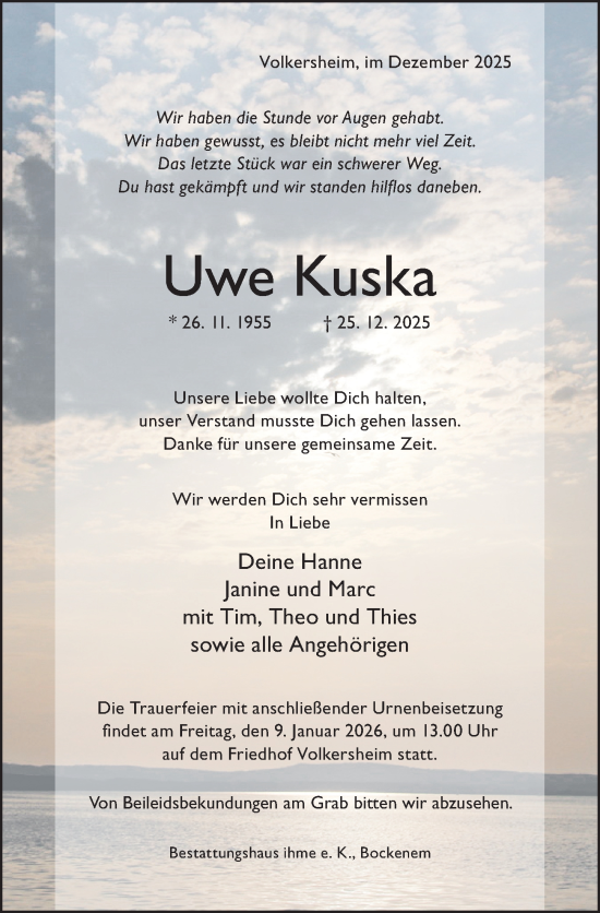 Traueranzeige von Uwe Kuska von Hildesheimer Allgemeine Zeitung