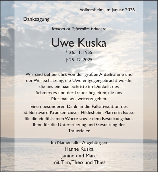 Traueranzeige von Uwe Kuska von Hildesheimer Allgemeine Zeitung