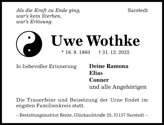 Traueranzeige von Uwe Wothke von Hildesheimer Allgemeine Zeitung