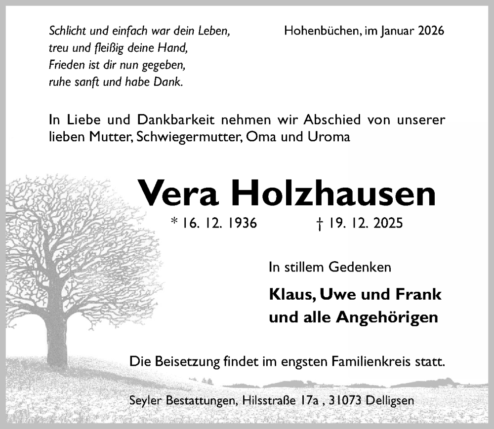  Traueranzeige für Vera Holzhausen vom 24.01.2026 aus Hildesheimer Allgemeine Zeitung
