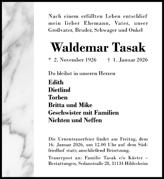 Traueranzeige von Waldemar Tasak von Hildesheimer Allgemeine Zeitung