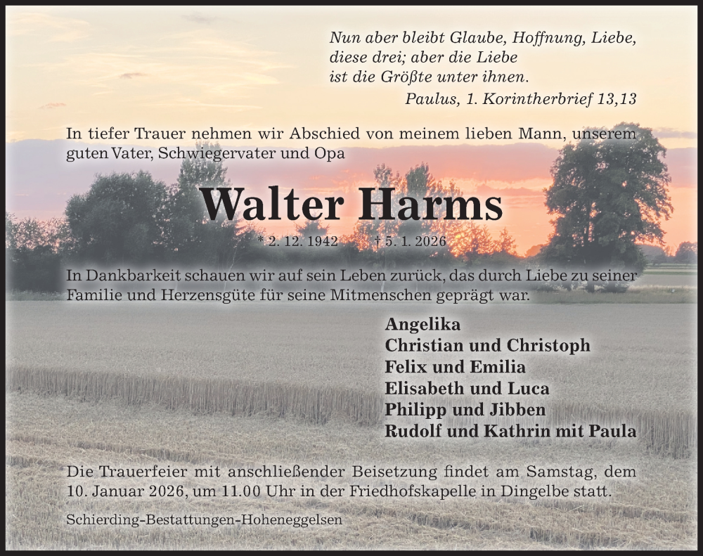  Traueranzeige für Walter Harms vom 07.01.2026 aus Hildesheimer Allgemeine Zeitung