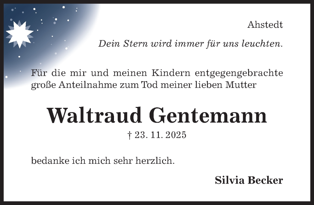  Traueranzeige für Waltraud Gentemann vom 14.01.2026 aus Hildesheimer Allgemeine Zeitung