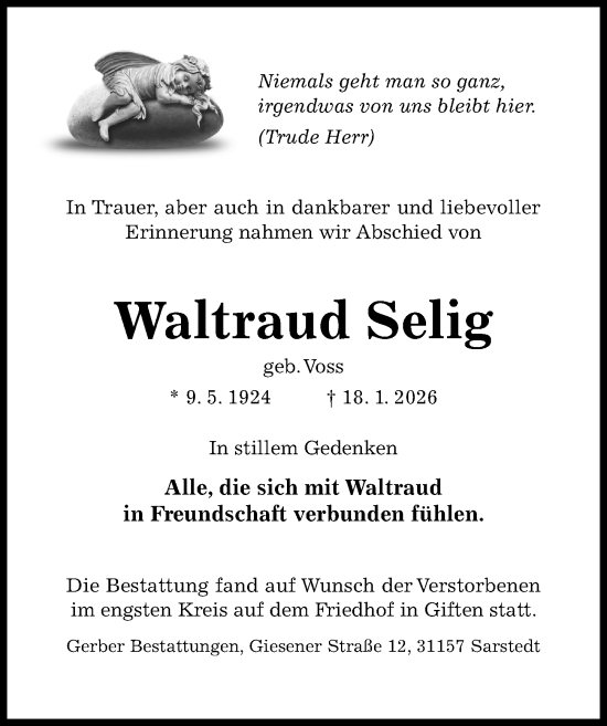 Traueranzeige von Waltraud Selig von Hildesheimer Allgemeine Zeitung