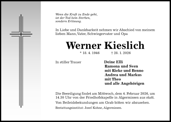 Traueranzeige von Werner Kieslich von Hildesheimer Allgemeine Zeitung