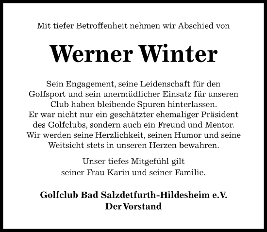Traueranzeige von Werner Winter von Hildesheimer Allgemeine Zeitung