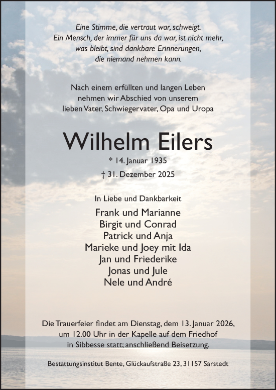 Traueranzeige von Wilhelm Eilers von Hildesheimer Allgemeine Zeitung