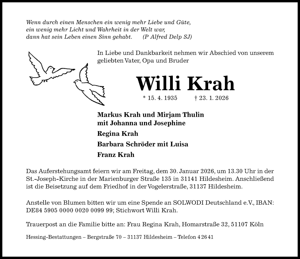  Traueranzeige für Willi Krah vom 28.01.2026 aus Hildesheimer Allgemeine Zeitung