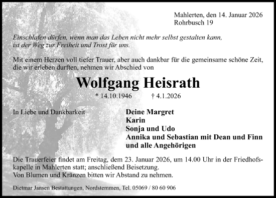 Traueranzeige von Wolfgang Heisrath von Hildesheimer Allgemeine Zeitung