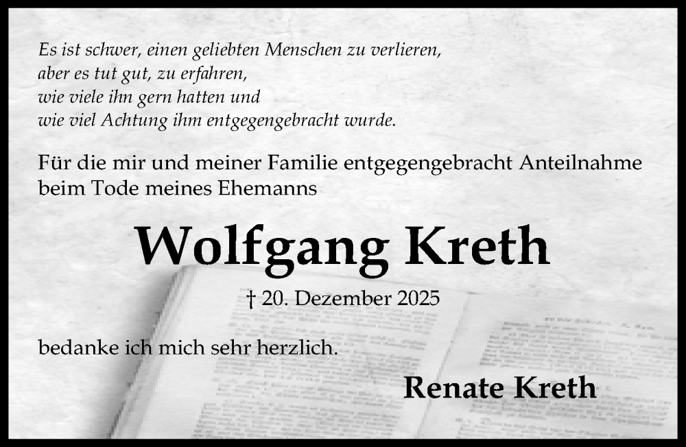  Traueranzeige für Wolfgang Kreth vom 17.01.2026 aus Hildesheimer Allgemeine Zeitung