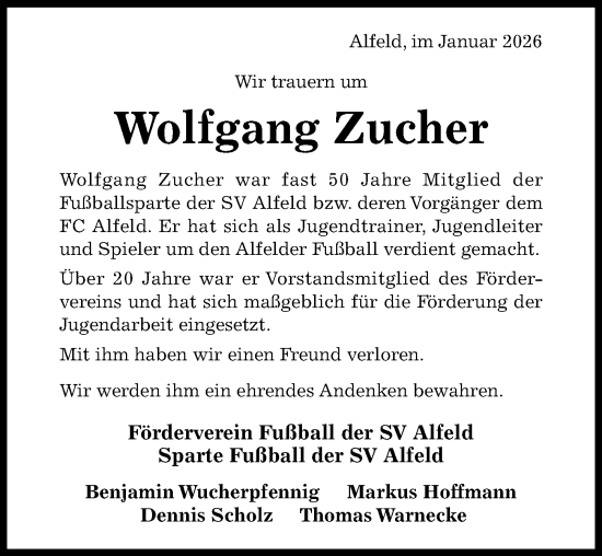 Traueranzeige von Wolfgang Zucher von Hildesheimer Allgemeine Zeitung