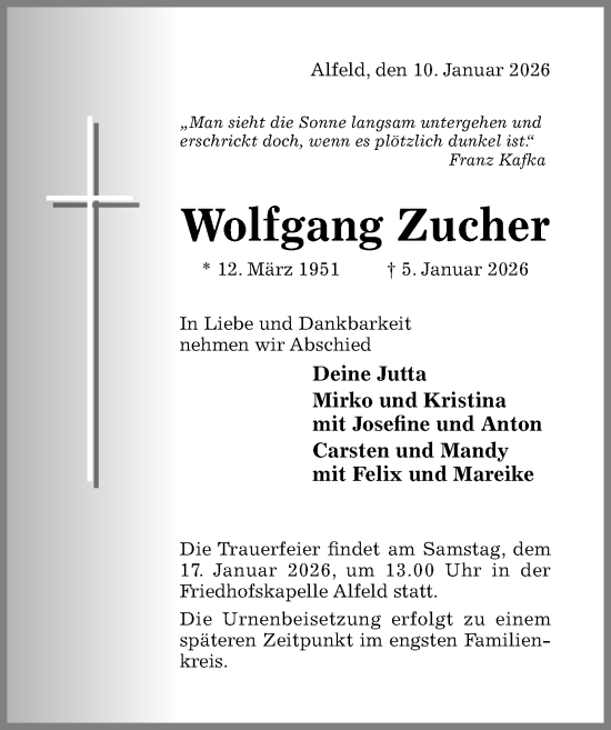 Traueranzeige von Wolfgang Zucher von Hildesheimer Allgemeine Zeitung
