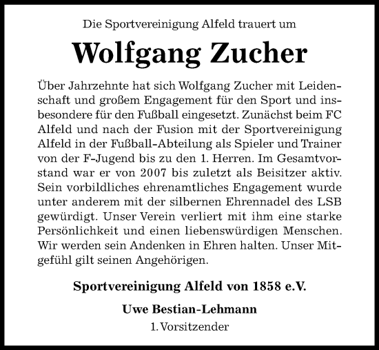 Traueranzeige von Wolfgang Zucher von Hildesheimer Allgemeine Zeitung