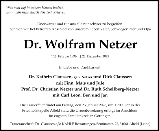 Traueranzeige von Wolfram Netzer von Hildesheimer Allgemeine Zeitung