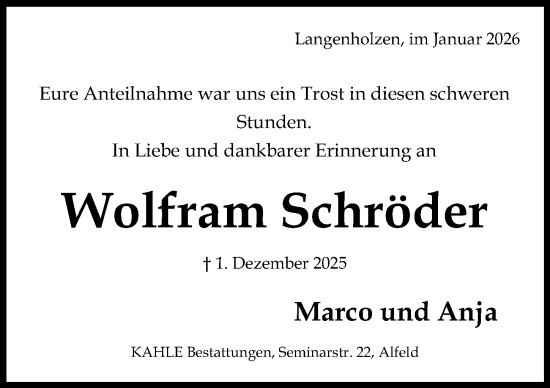 Traueranzeige von Wolfram Schröder von Hildesheimer Allgemeine Zeitung