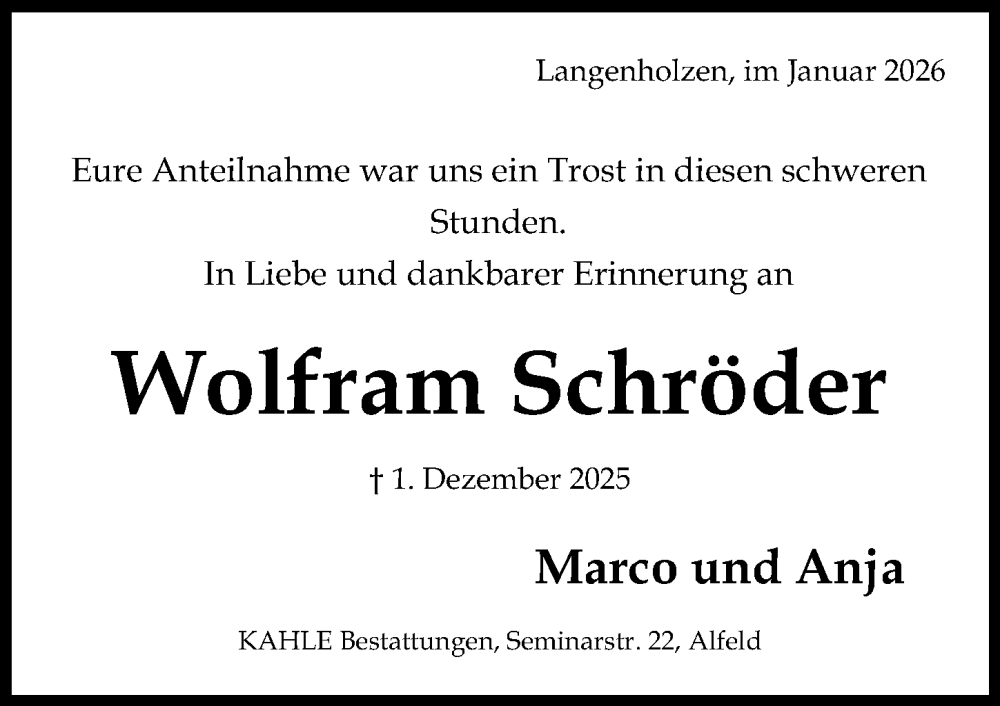  Traueranzeige für Wolfram Schröder vom 03.01.2026 aus Hildesheimer Allgemeine Zeitung