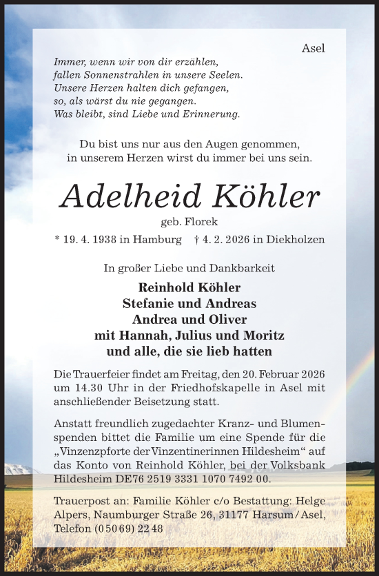 Traueranzeige von Adelheid Köhler von Hildesheimer Allgemeine Zeitung