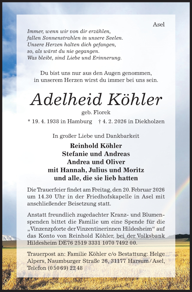  Traueranzeige für Adelheid Köhler vom 11.02.2026 aus Hildesheimer Allgemeine Zeitung