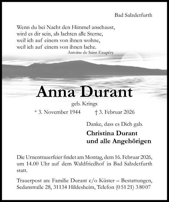 Traueranzeige von Anna Durant von Hildesheimer Allgemeine Zeitung