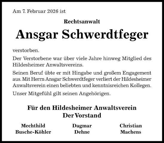 Traueranzeige von Ansgar Schwerdtfeger von Hildesheimer Allgemeine Zeitung