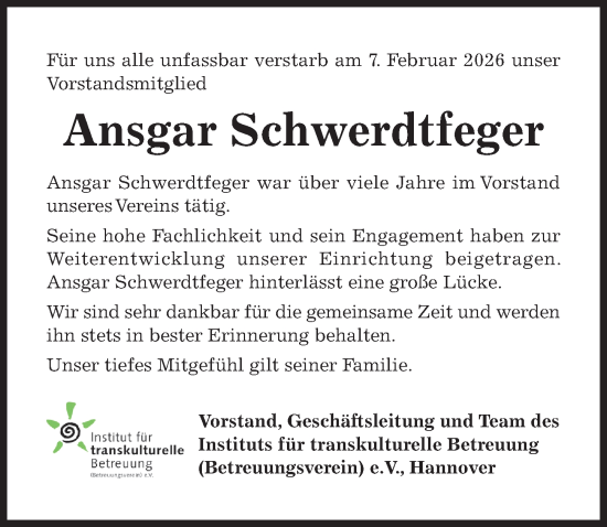 Traueranzeige von Ansgar Schwerdtfeger von Hildesheimer Allgemeine Zeitung