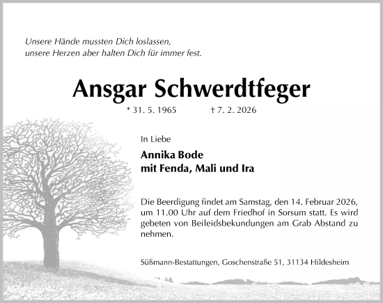 Traueranzeige von Ansgar Schwerdtfeger von Hildesheimer Allgemeine Zeitung