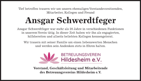 Traueranzeige von Ansgar Schwerdtfeger von Hildesheimer Allgemeine Zeitung