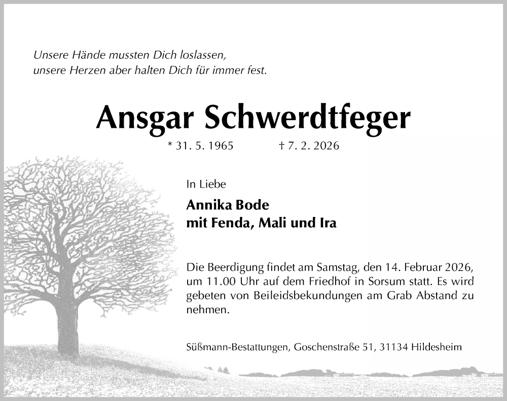 Traueranzeige für Ansgar Schwerdtfeger vom 11.02.2026 aus Hildesheimer Allgemeine Zeitung
