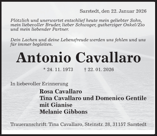 Traueranzeige von Antonio Cavallaro von Hildesheimer Allgemeine Zeitung