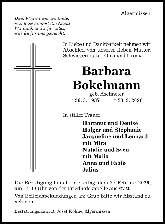 Traueranzeige von Barbara Bokelmann von Hildesheimer Allgemeine Zeitung