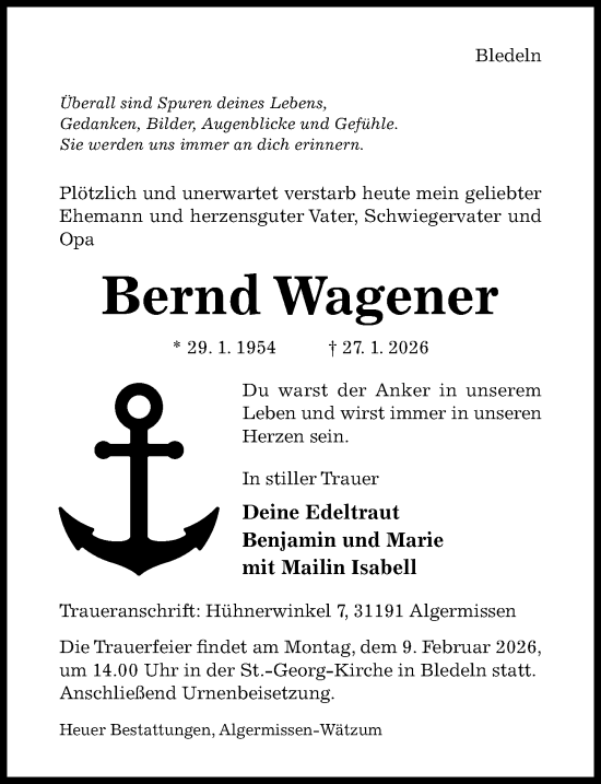 Traueranzeige von Bernd Wagener von Hildesheimer Allgemeine Zeitung