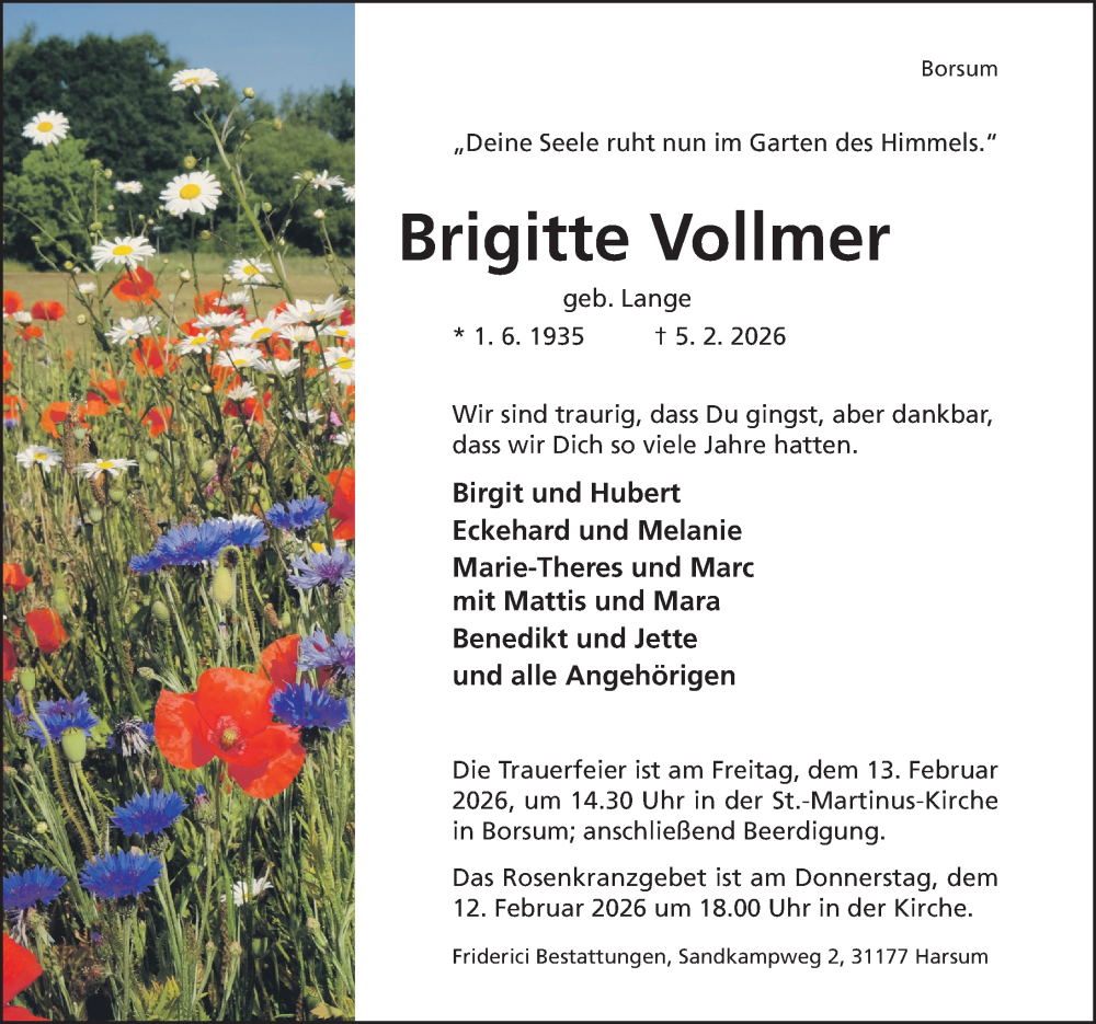  Traueranzeige für Brigitte Vollmer vom 07.02.2026 aus Hildesheimer Allgemeine Zeitung