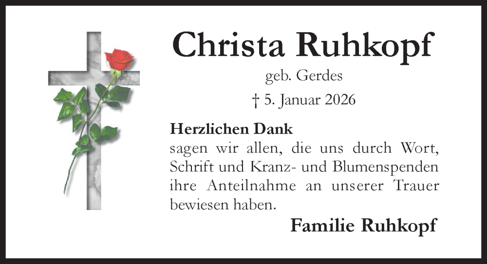  Traueranzeige für Christa Ruhkopf vom 04.02.2026 aus Hildesheimer Allgemeine Zeitung