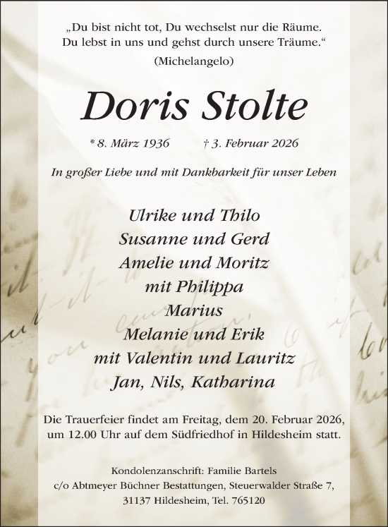 Traueranzeige von Doris Stolte von Hildesheimer Allgemeine Zeitung