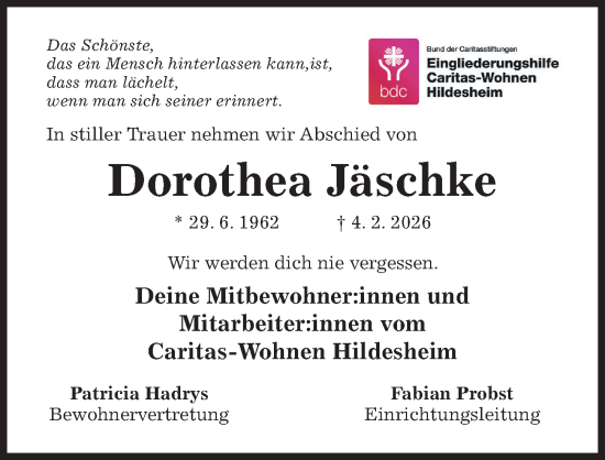 Traueranzeige von Dorothea Jäschke von Hildesheimer Allgemeine Zeitung