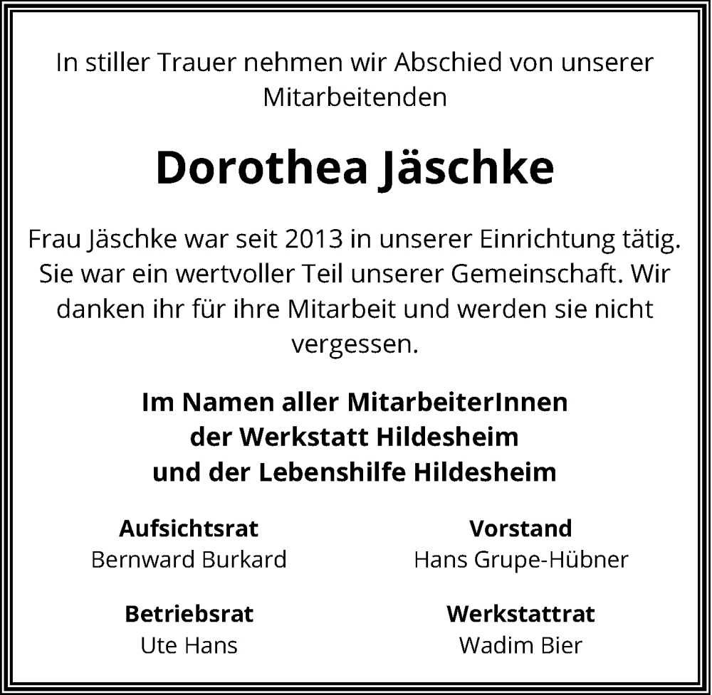  Traueranzeige für Dorothea Jäschke vom 11.02.2026 aus Hildesheimer Allgemeine Zeitung