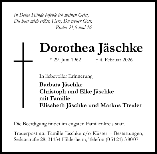 Traueranzeige von Dorothea Jäschke von Hildesheimer Allgemeine Zeitung