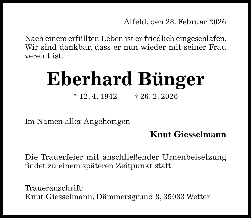  Traueranzeige für Eberhard Bünger vom 28.02.2026 aus Hildesheimer Allgemeine Zeitung