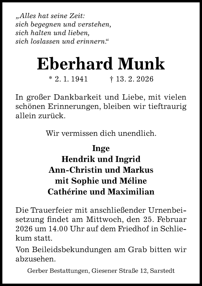 Traueranzeige für Eberhard Munk vom 18.02.2026 aus Hildesheimer Allgemeine Zeitung