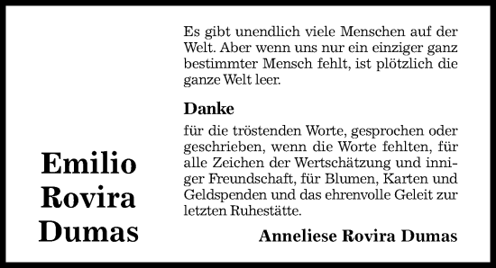 Traueranzeige von Emilio Rovira Dumas von Hildesheimer Allgemeine Zeitung