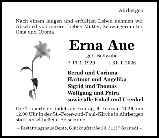 Traueranzeige von Erna Aue von Hildesheimer Allgemeine Zeitung