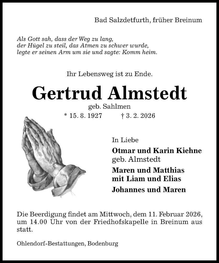  Traueranzeige für Gertrud Almstedt vom 07.02.2026 aus Hildesheimer Allgemeine Zeitung